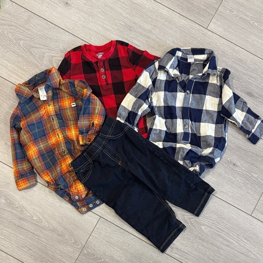 Lot of plaid shirts and terry jeans